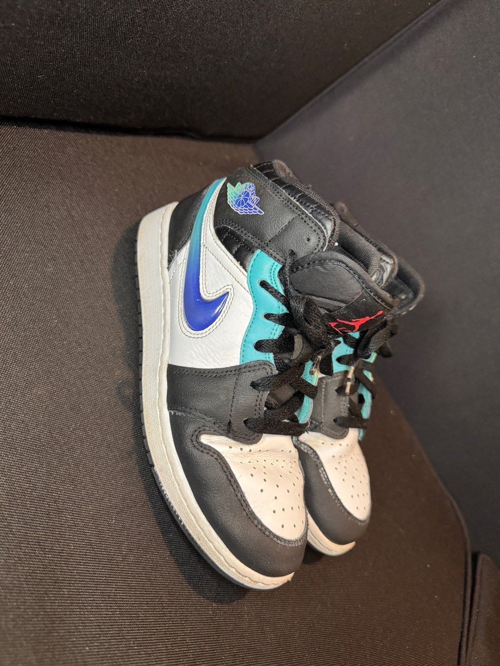 Jordan Kids High-Top Sneakers in Black, White & Teal Accent
